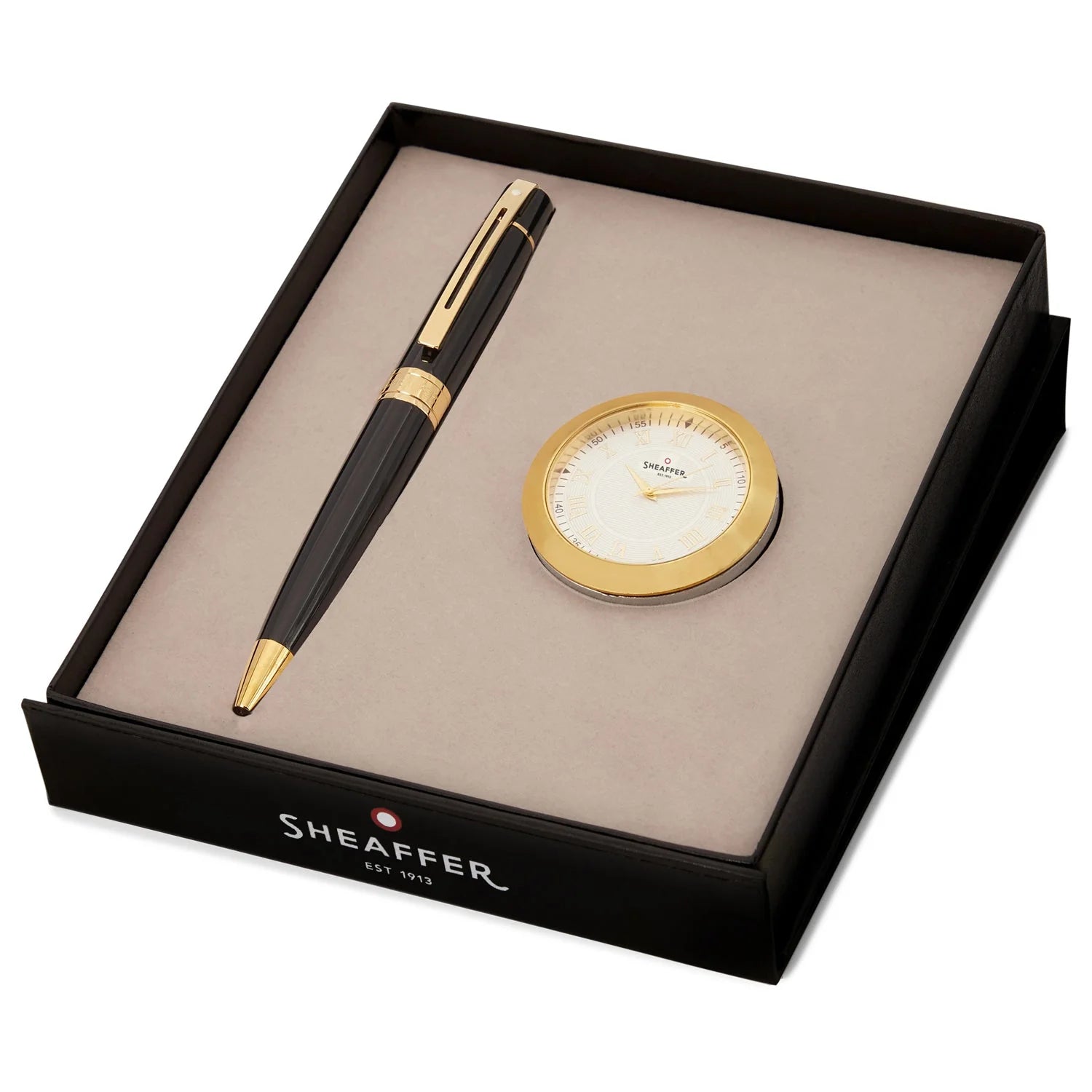 Sheaffer 300 Glossy Black GT Ballpoint Pen + Table Clock Gift Set G9325 Pen Club