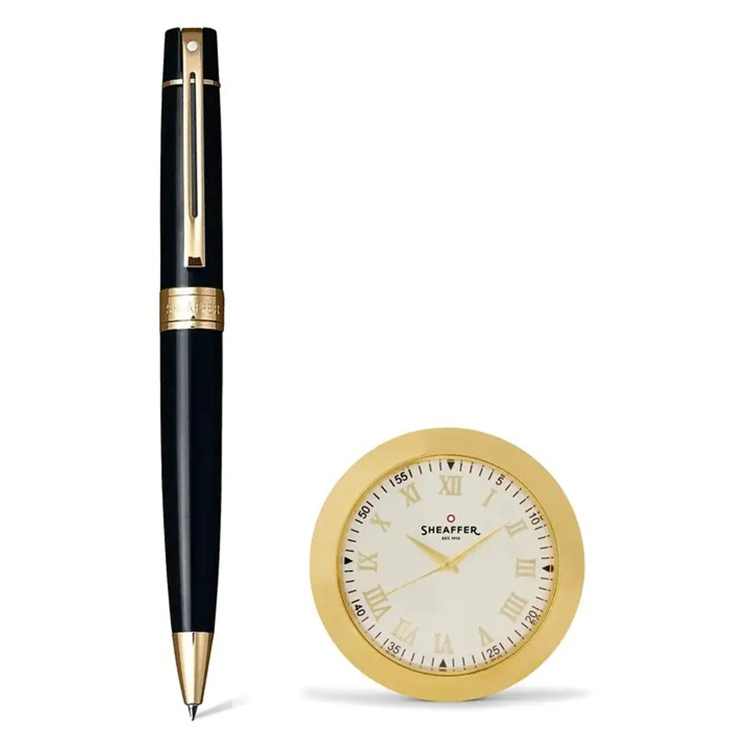 Sheaffer 300 Glossy Black GT Ballpoint Pen + Table Clock Gift Set G9325 Pen Club
