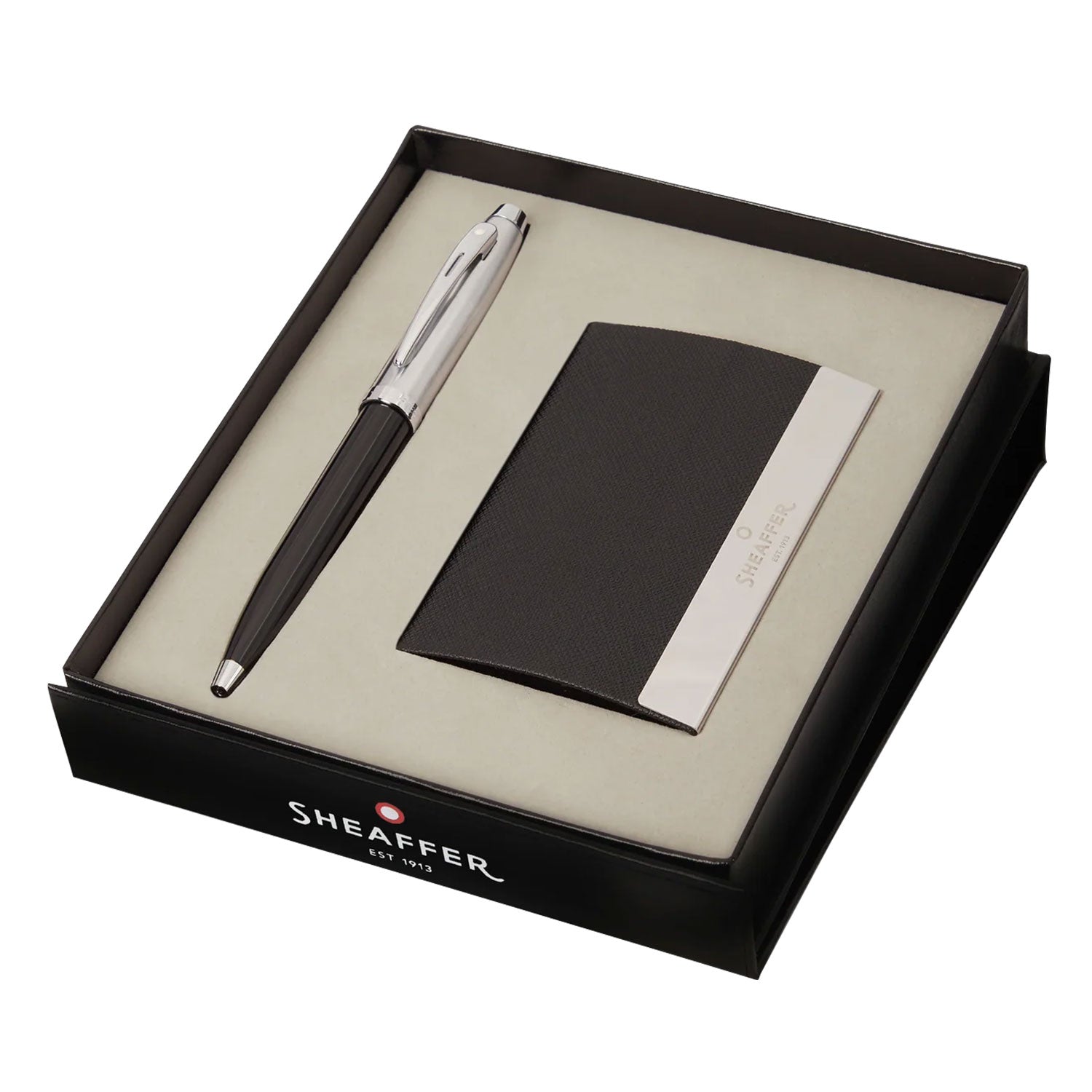 Sheaffer Gift Set - 100 Series Glossy Black & Chrome CT Ball Pen with Business Card Holder Sheaffer