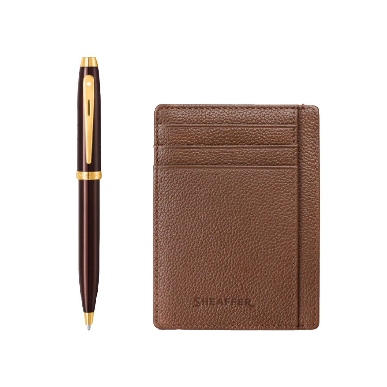 Sheaffer 9370 Gift Set - 100 Series Coffee Glossy Brown Ball Pen with Rustic Mocha Credit Card Holder Sheaffer