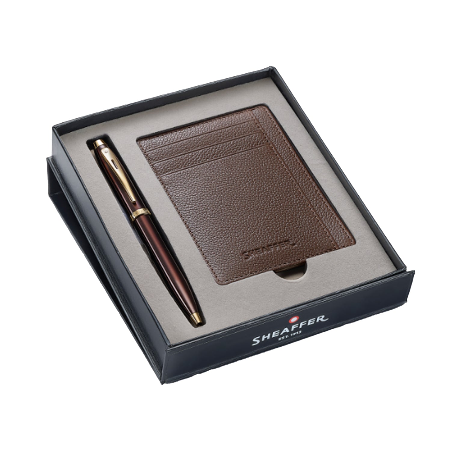 Sheaffer 9370 Gift Set - 100 Series Coffee Glossy Brown Ball Pen with Rustic Mocha Credit Card Holder Sheaffer