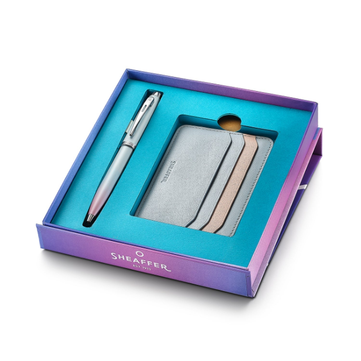 Sheaffer 9376 Gift Set - Expressions 100 Blue & Pink Pearlised Gradient Ball Pen with Credit Card Holder Sheaffer