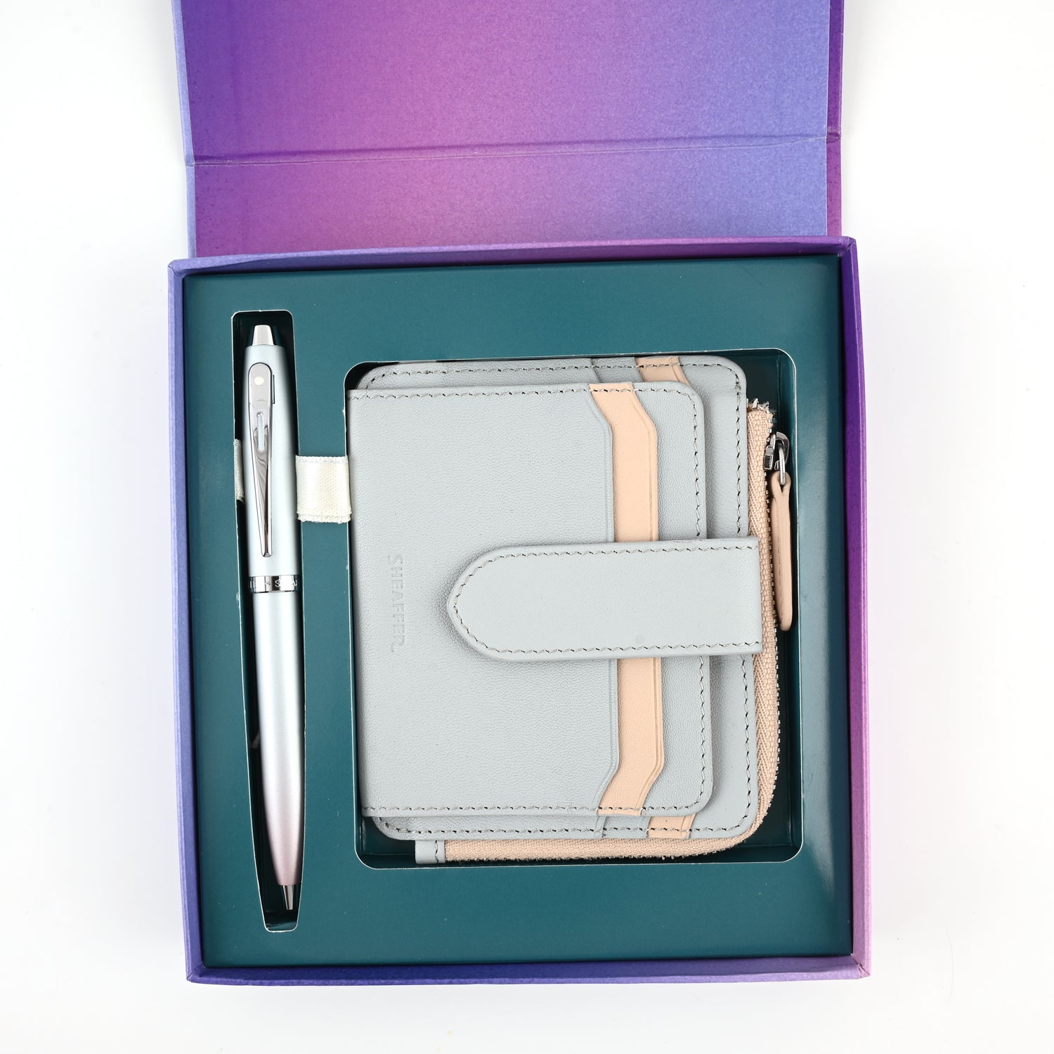 Sheaffer 9376 Gift Set - Expressions 100 Blue & Pink Pearlised Gradient Ball Pen with Leather Wallet Sheaffer