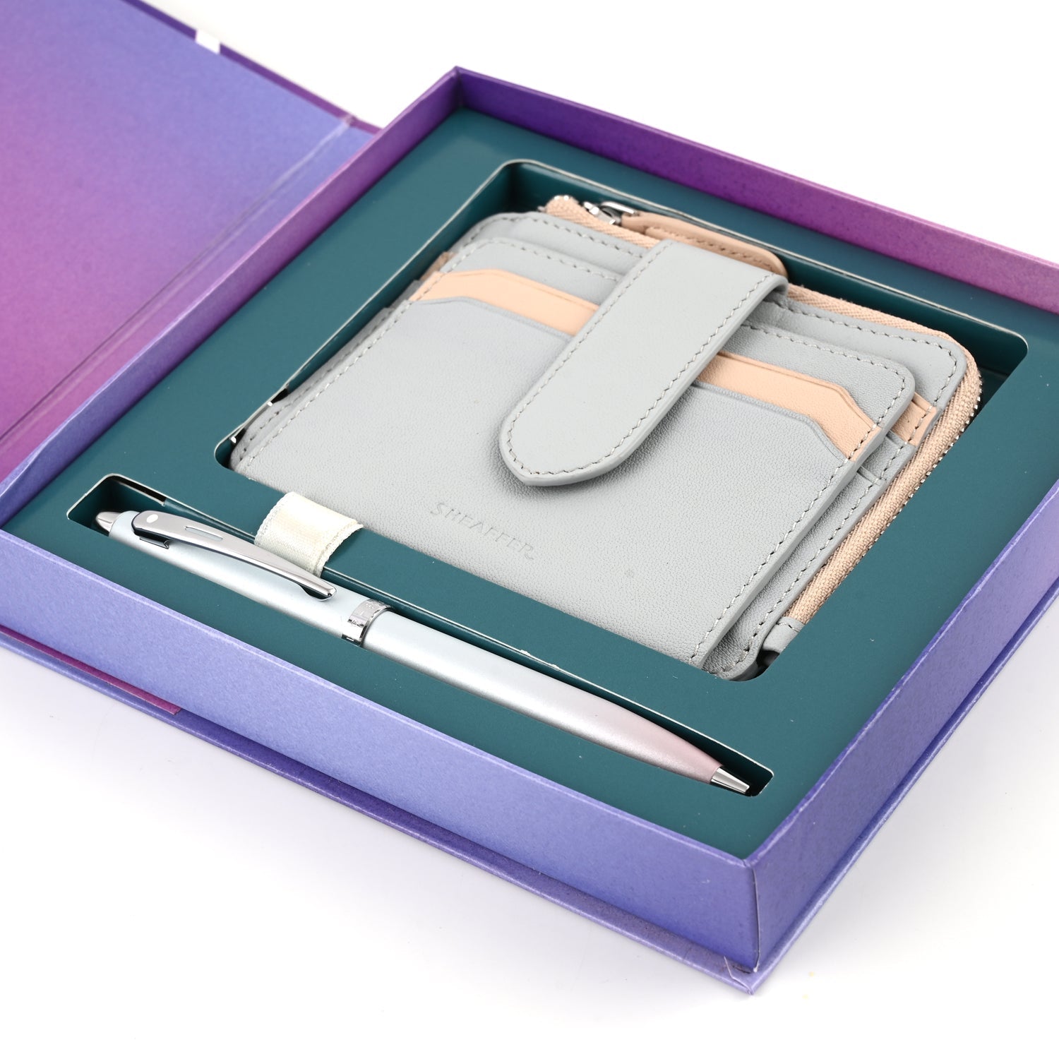 Sheaffer 9376 Gift Set - Expressions 100 Blue & Pink Pearlised Gradient Ball Pen with Leather Wallet Sheaffer
