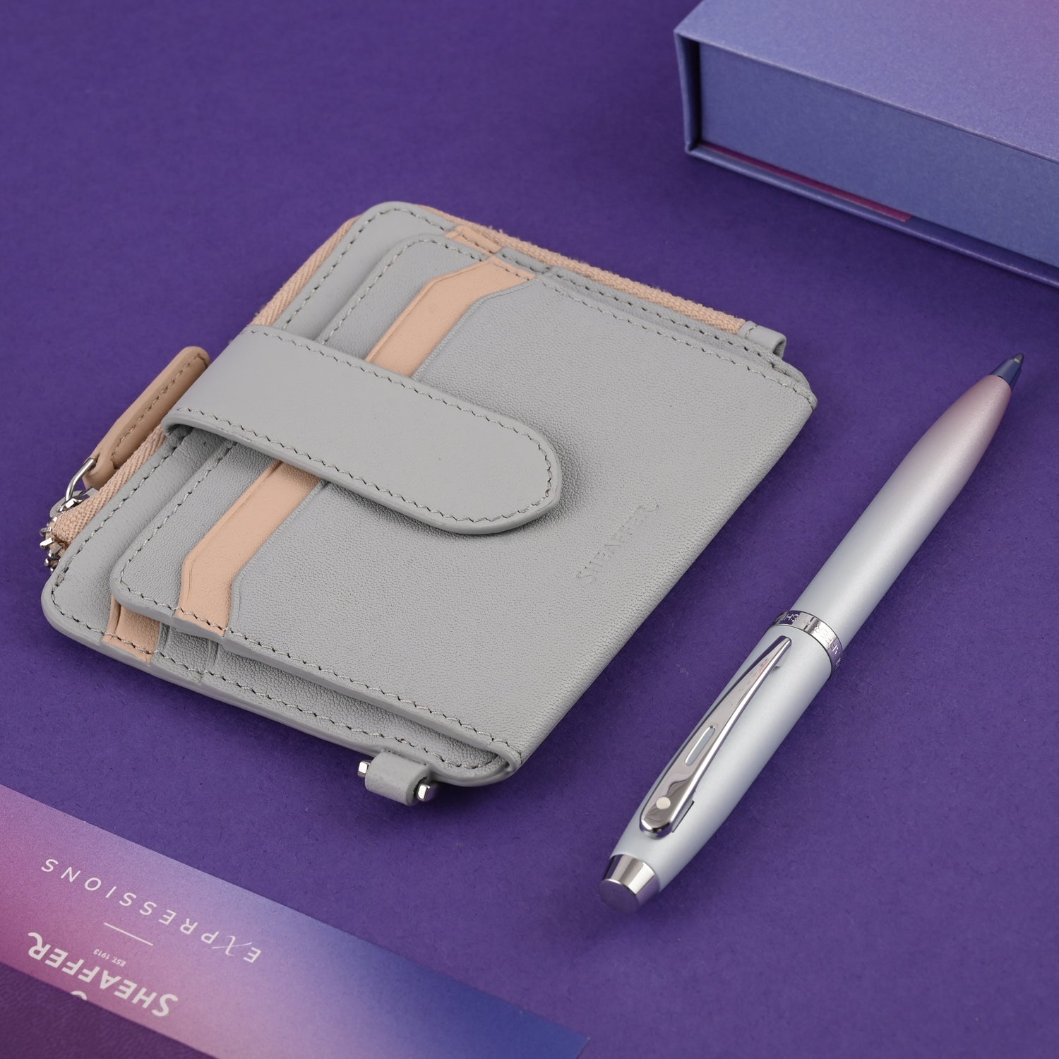 Sheaffer 9376 Gift Set - Expressions 100 Blue & Pink Pearlised Gradient Ball Pen with Leather Wallet Sheaffer