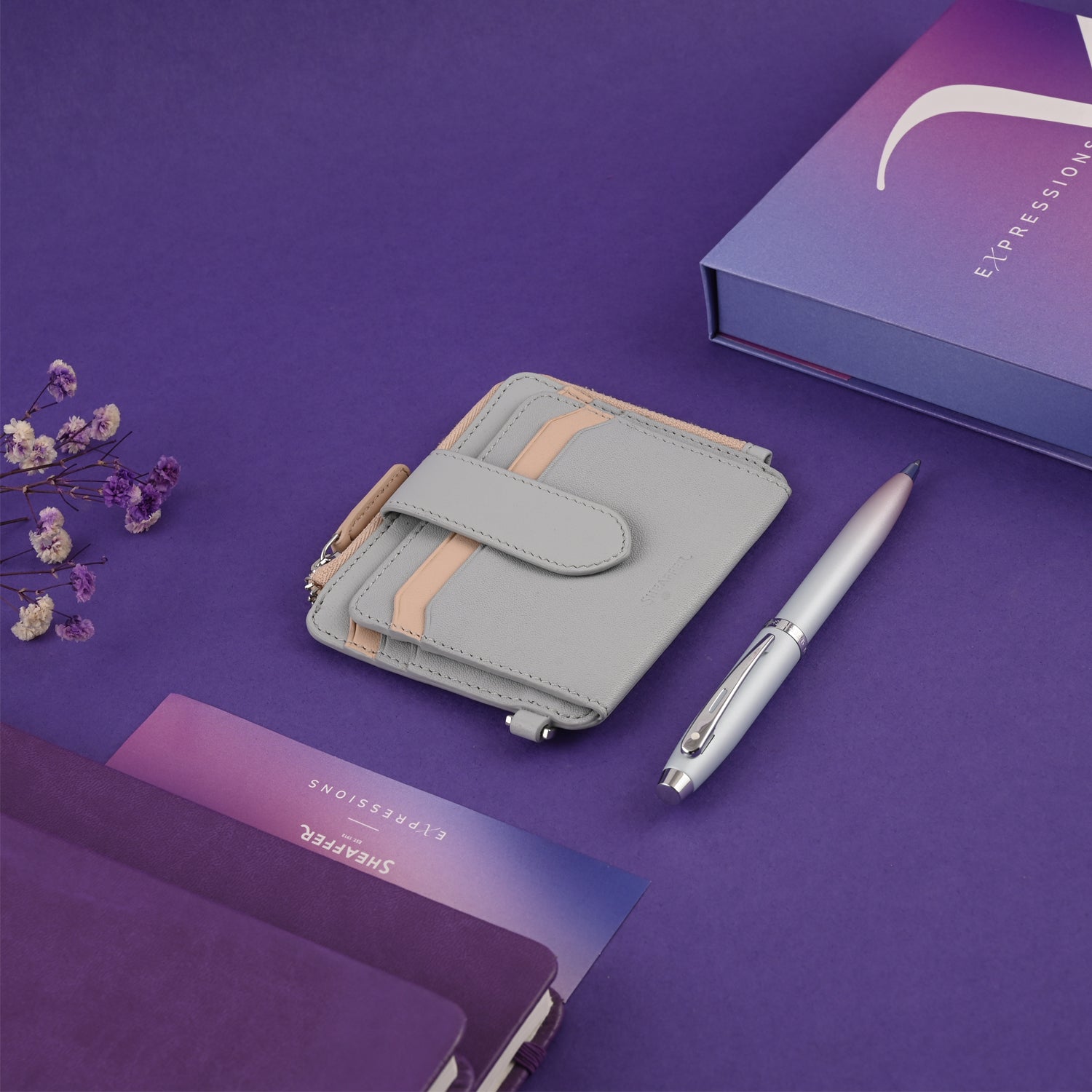 Sheaffer 9376 Gift Set - Expressions 100 Blue & Pink Pearlised Gradient Ball Pen with Leather Wallet Sheaffer