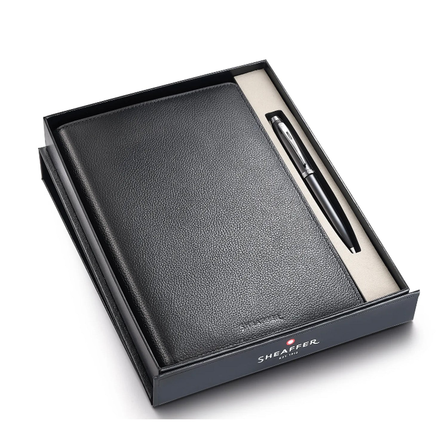 Sheaffer Gift Set - 100 Series Glossy Black CT Ball Pen with Leather Black Notebook Sheaffer