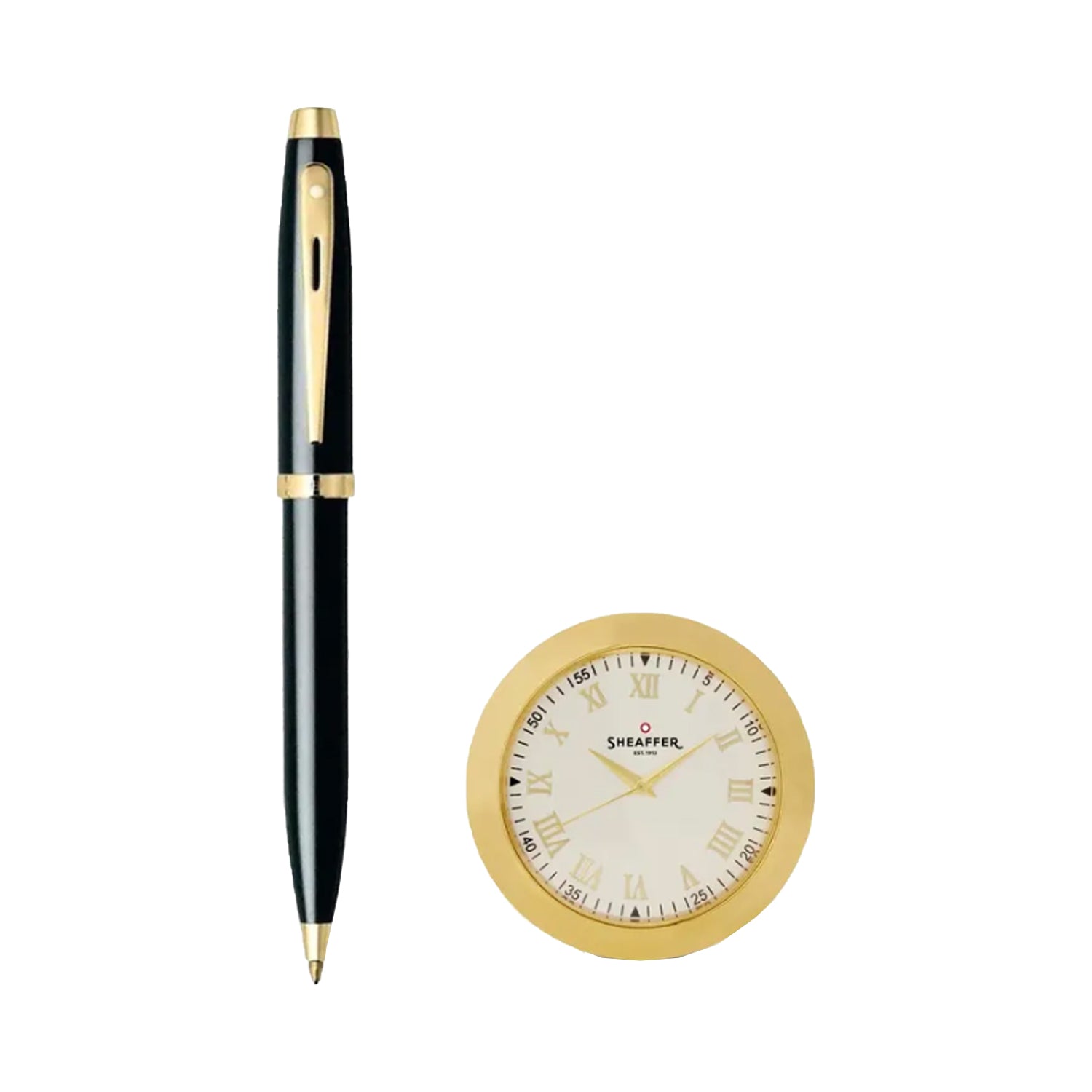 Sheaffer Gift Set - 100 Series Glossy Black GT Ball Pen with Gold Table Clock Sheaffer