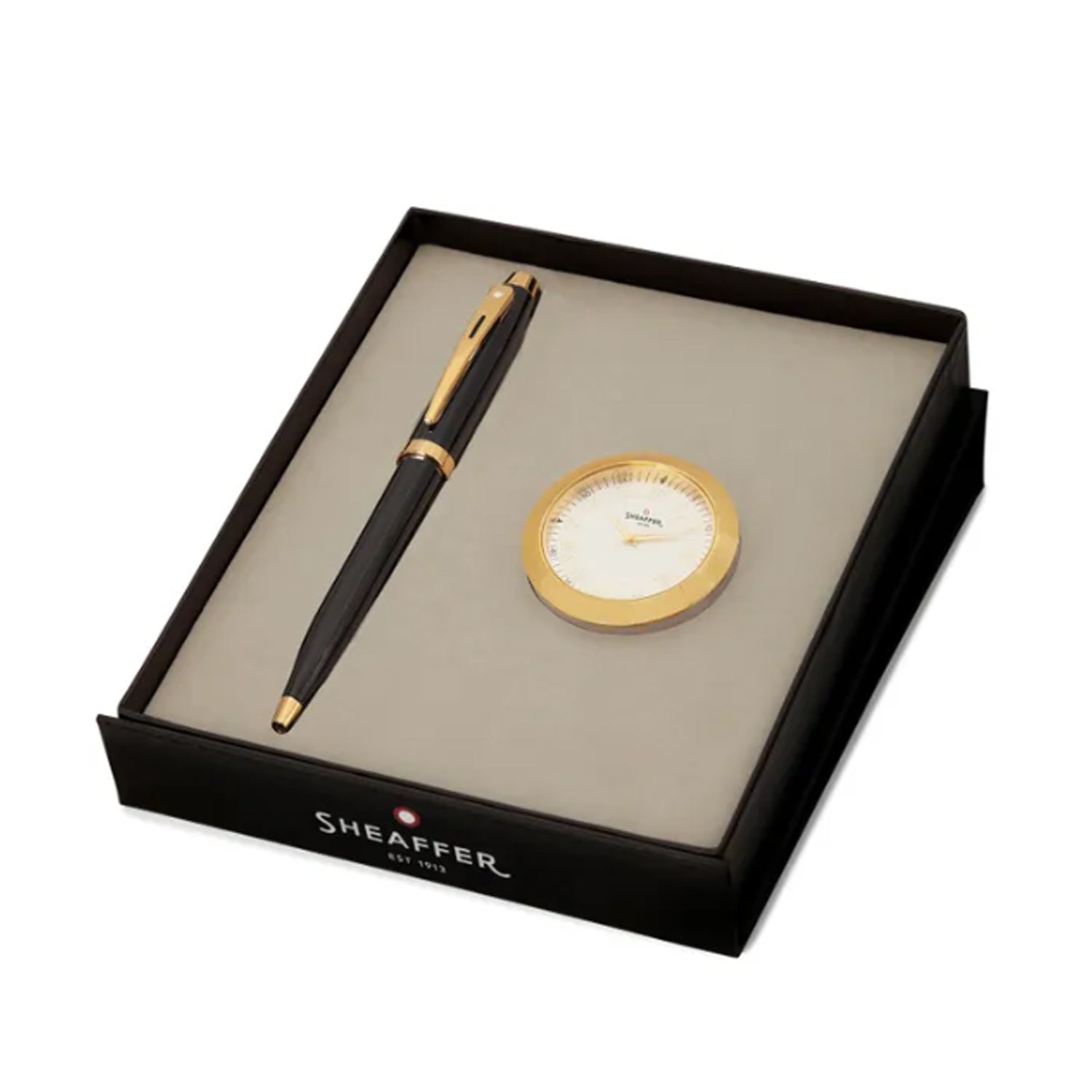 Sheaffer Gift Set - 100 Series Glossy Black GT Ball Pen with Gold Table Clock Sheaffer