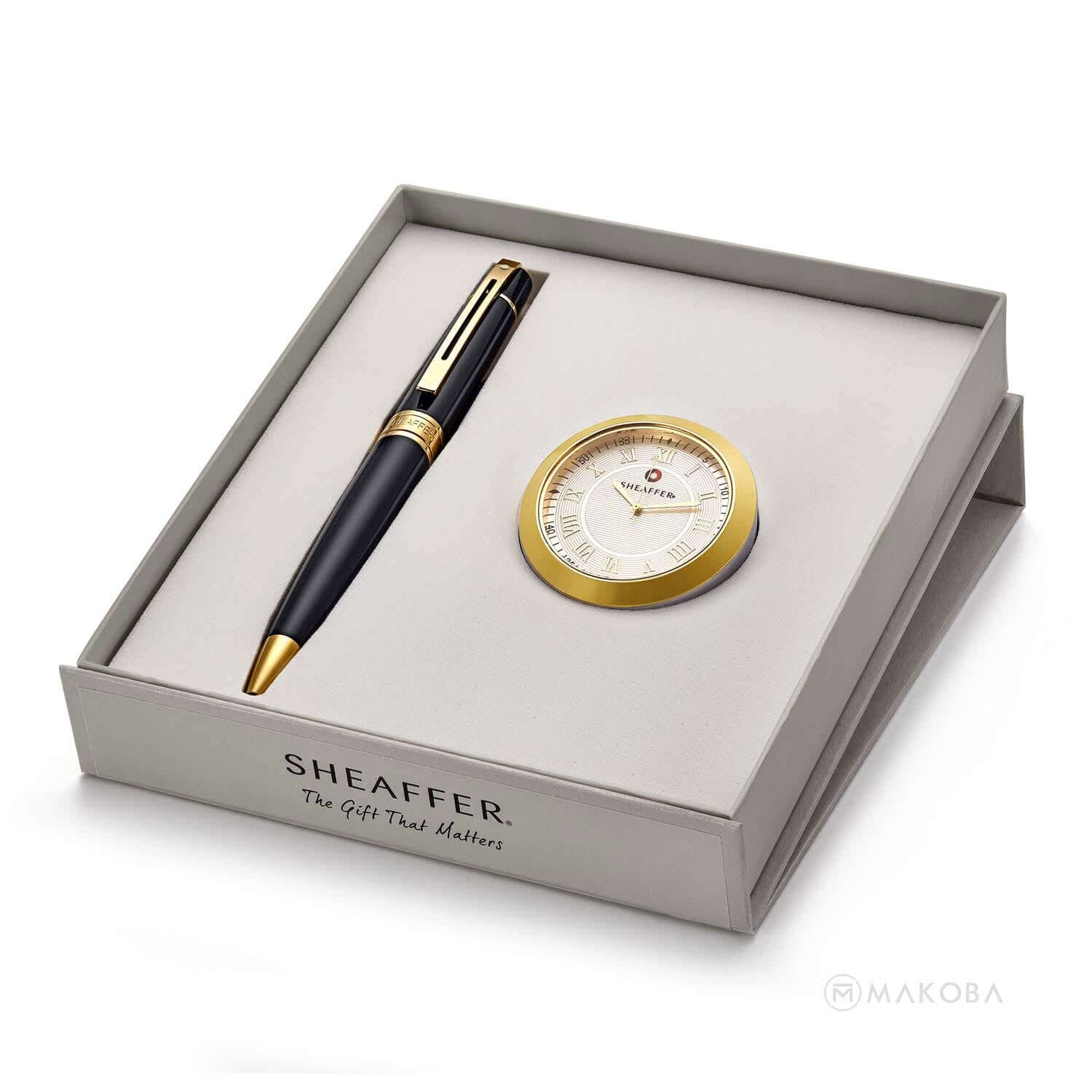 Sheaffer Gift Set - 300 Series Black GT Ball Pen with Gold Table Clock Sheaffer