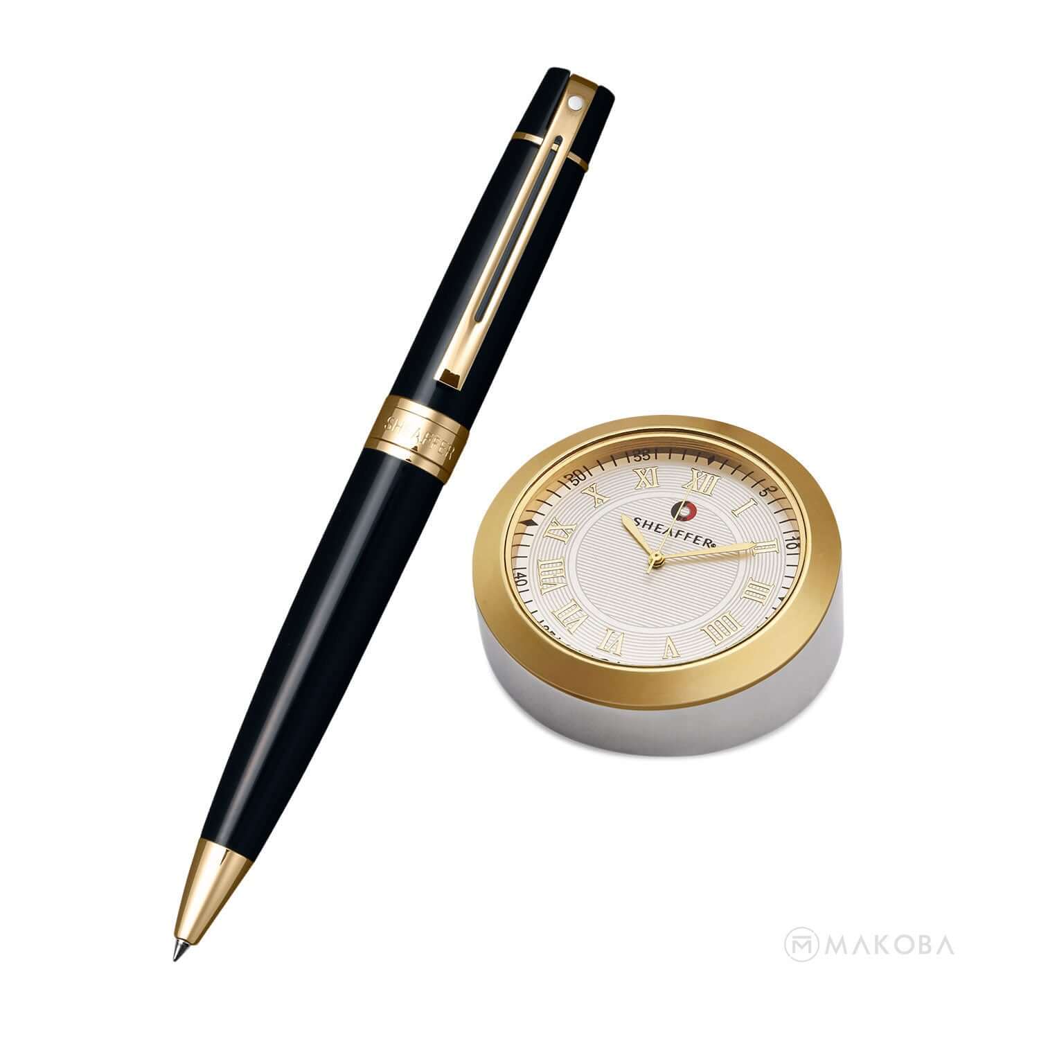 Sheaffer Gift Set - 300 Series Black GT Ball Pen with Gold Table Clock Sheaffer