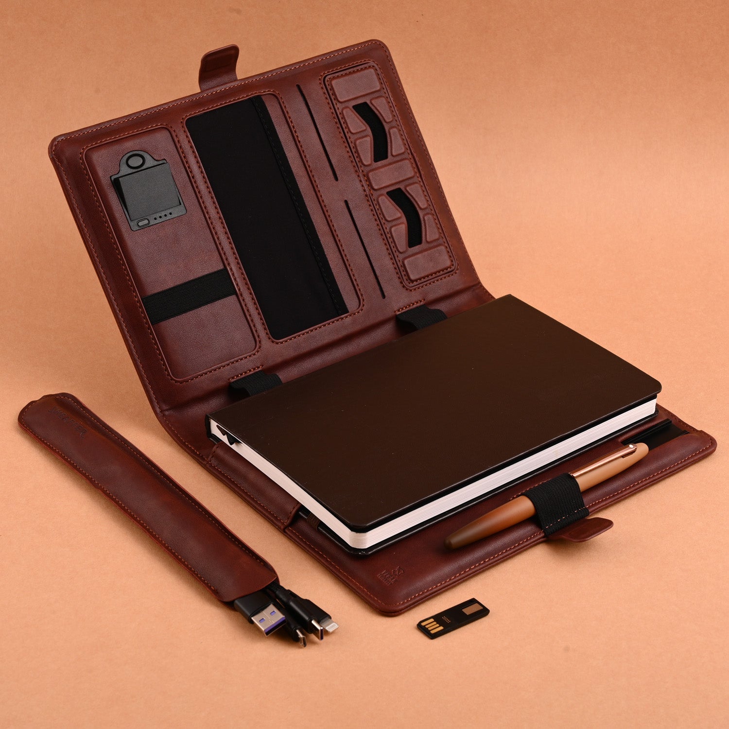 Sheaffer Superbook Organizer with Wireless Charging + 12000 mAh Powerbank and 32GB Pendrive - Brown Sheaffer