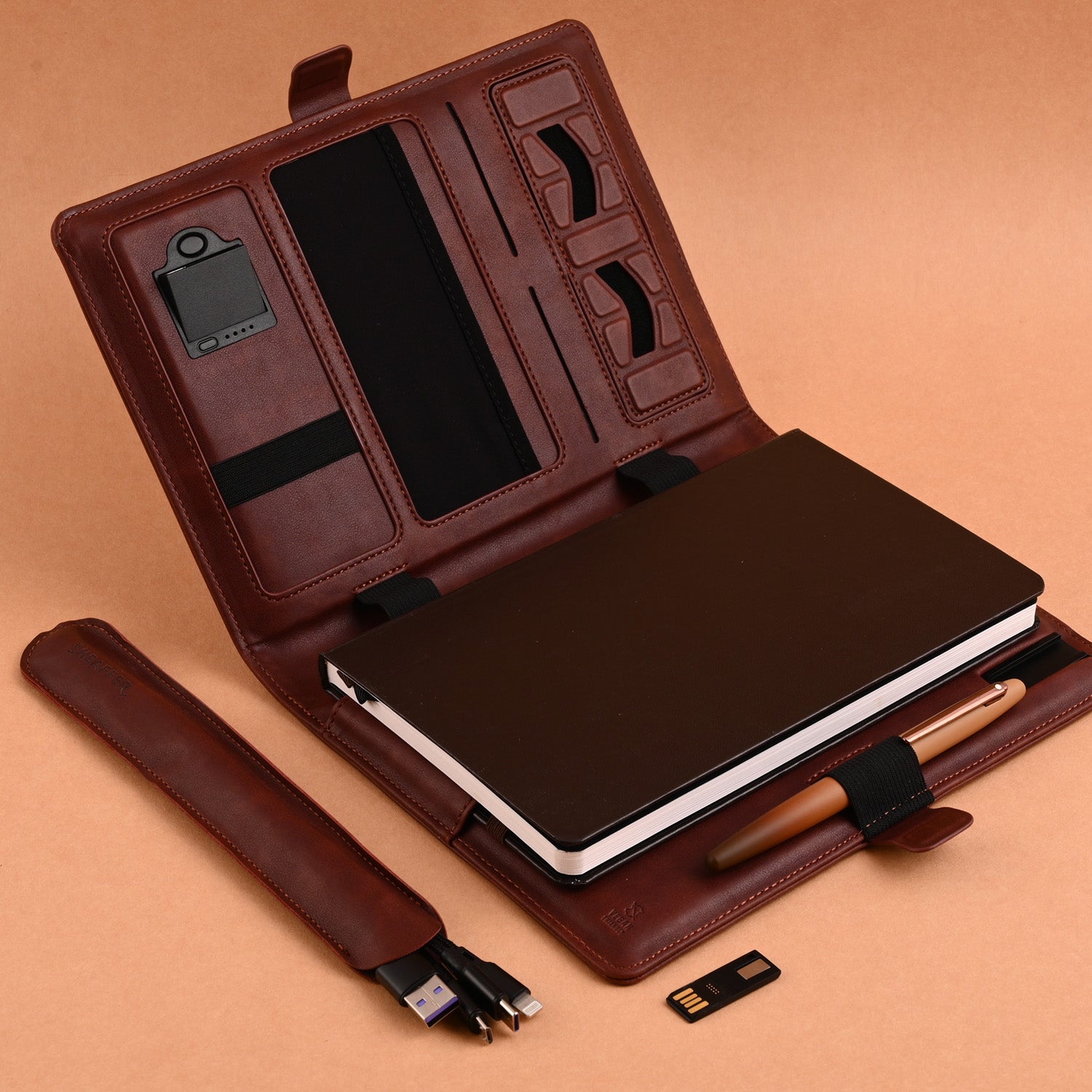 Sheaffer Superbook Organizer with Wireless Charging + 12000 mAh Powerbank and 32GB Pendrive - Brown Sheaffer