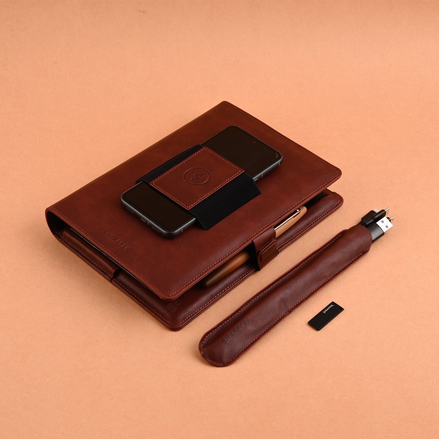 Sheaffer Superbook Organizer with Wireless Charging + 12000 mAh Powerbank and 32GB Pendrive - Brown Sheaffer