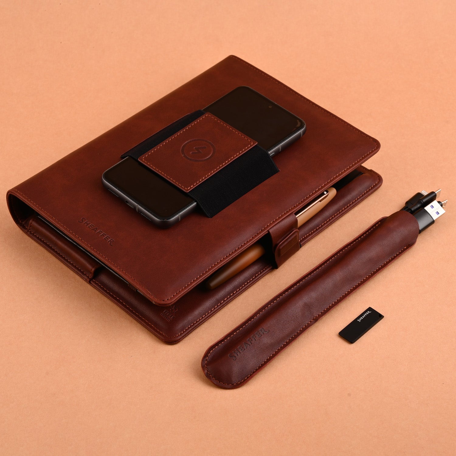 Sheaffer Superbook Organizer with Wireless Charging + 12000 mAh Powerbank and 32GB Pendrive - Brown Sheaffer