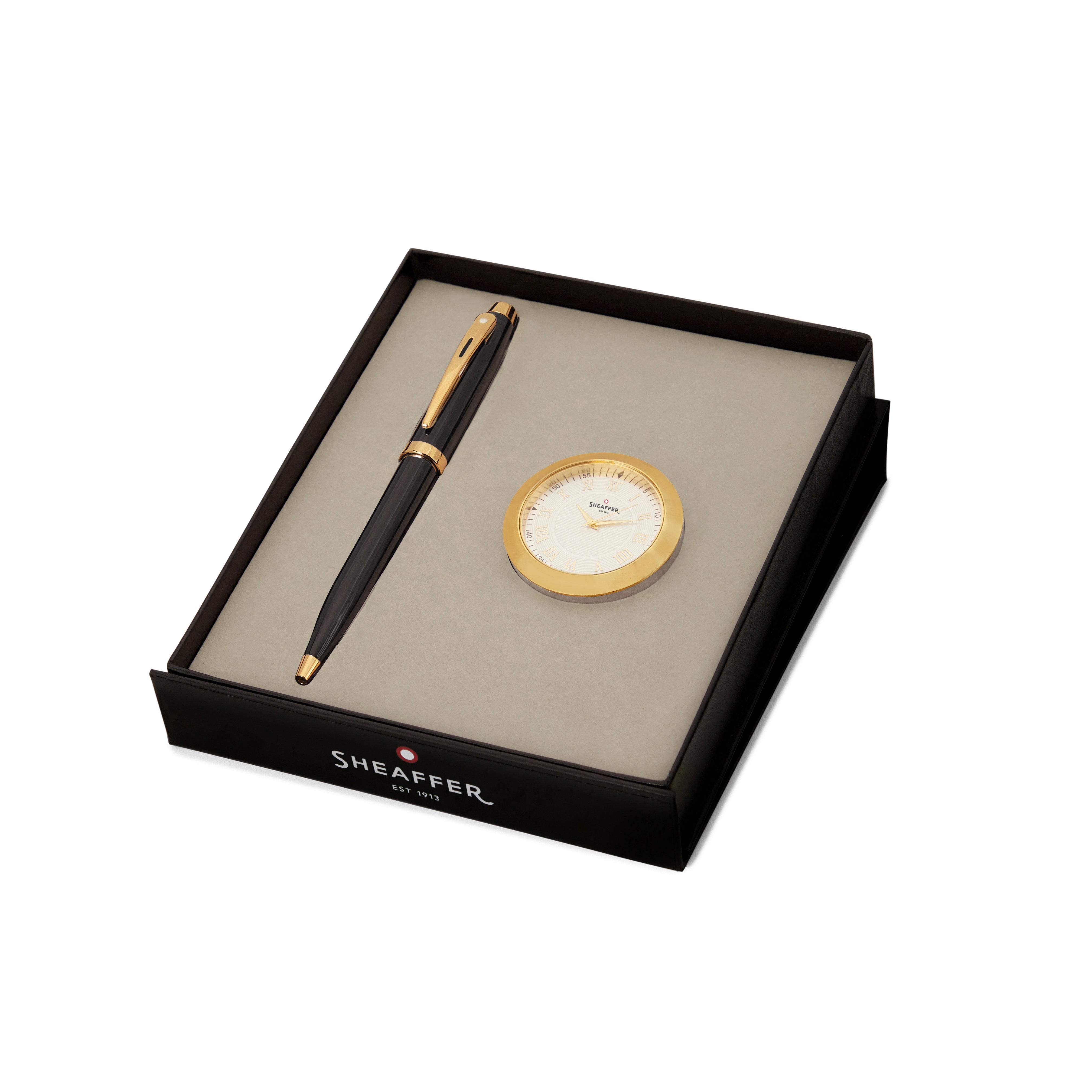 Sheaffer Gift Set 100 Ballpoint Pen with Table Clock Glossy Black with Gold Trims Pen Club