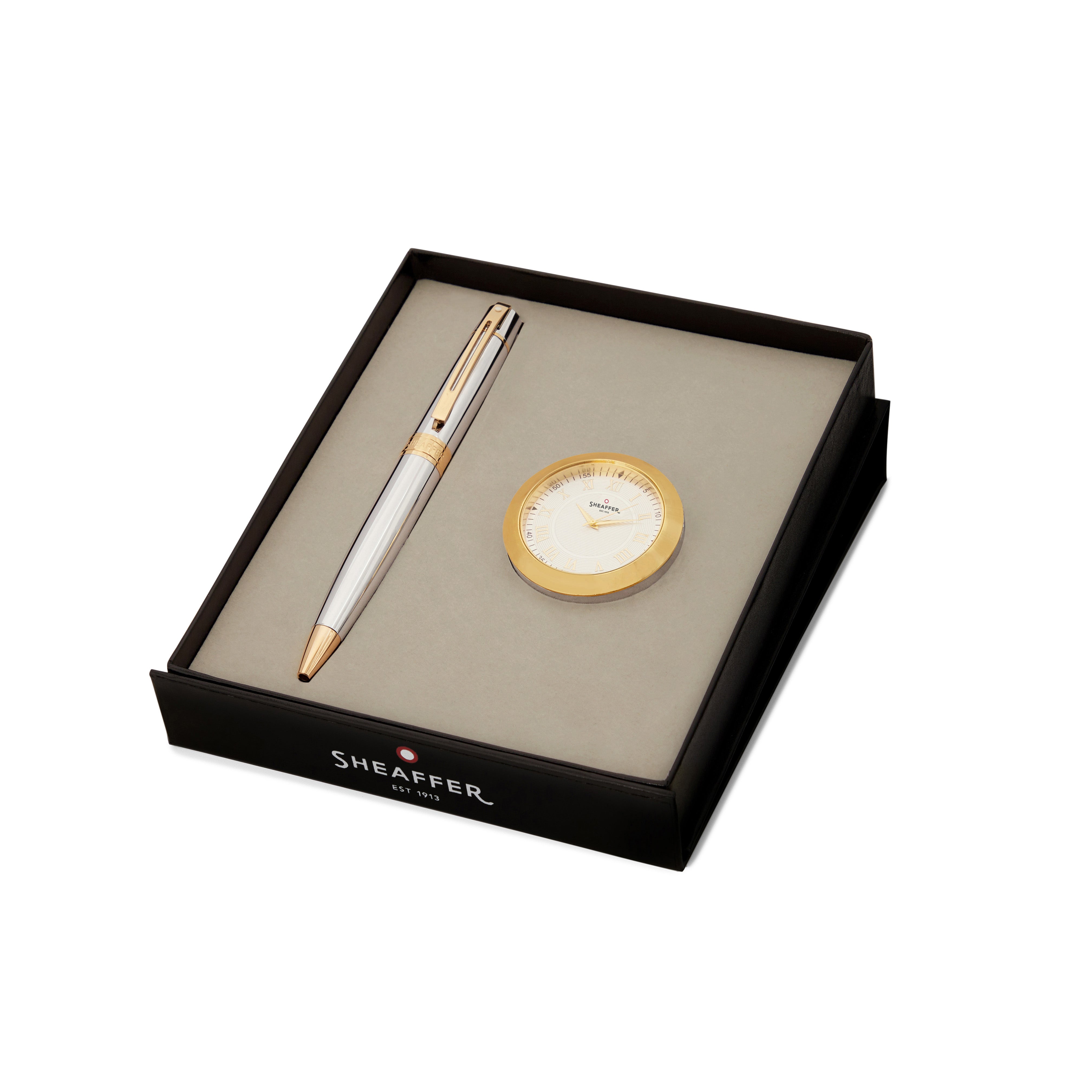 Sheaffer Gift Set 300 Ballpoint Pen with Table Clock Bright Chrome with Gold Trims Pen Club