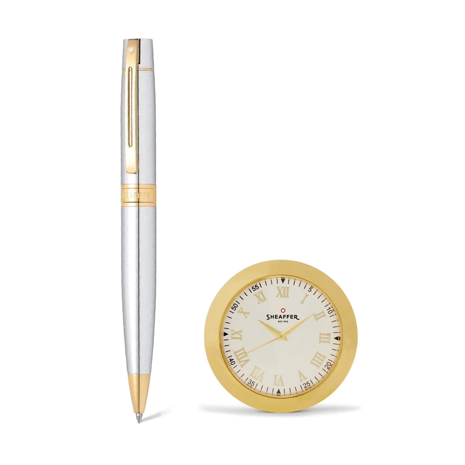 Sheaffer Gift Set 300 Ballpoint Pen with Table Clock Bright Chrome with Gold Trims Pen Club