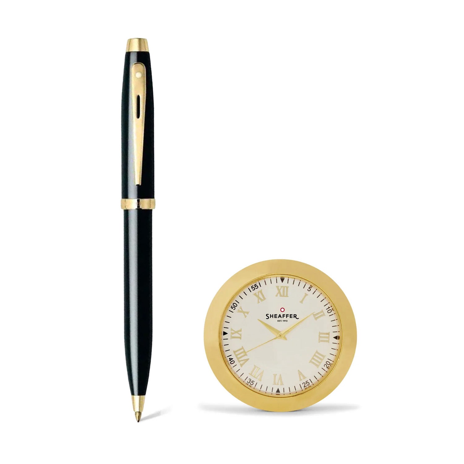 Sheaffer Gift Set 100 Ballpoint Pen with Table Clock Glossy Black with Gold Trims Pen Club
