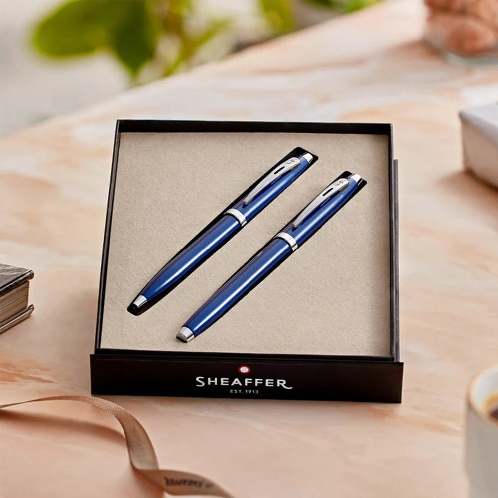 Sheaffer Gift Set S100 9339 Glossy Blue With Chrome Trim Ballpoint Pen & Rollerball Pen Pen Club
