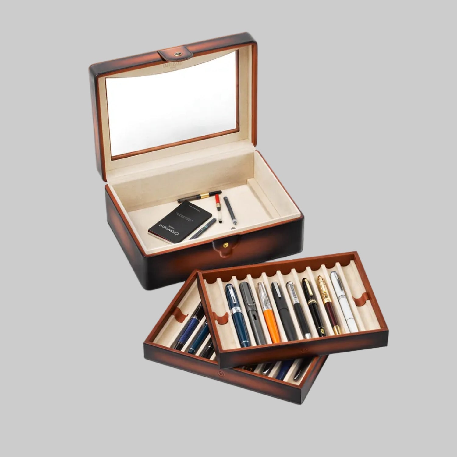 Lapis Bard Hemingway Dual-Tone Pen Chest with Plexiglas Top (20 Pen Capacity) - Cognac Lapis Bard