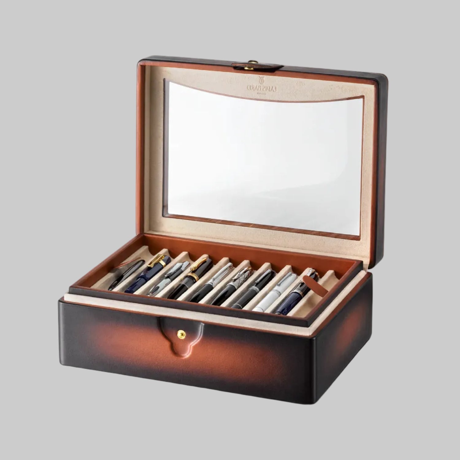 Lapis Bard Hemingway Dual-Tone Pen Chest with Plexiglas Top (20 Pen Capacity) - Cognac Lapis Bard
